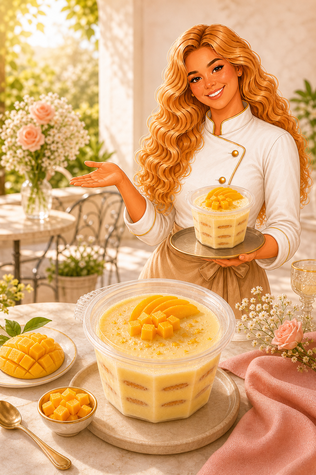Michell presentando la carlota de mango en un brunch luminoso