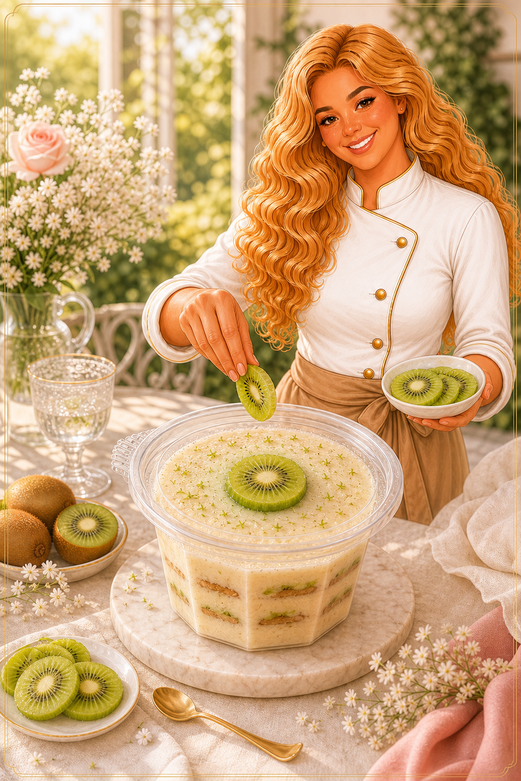 Michell colocando kiwi sobre una carlota fresca