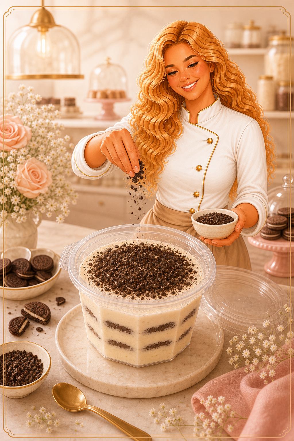 Michell agregando crumble de Oreo a una carlota cremosa