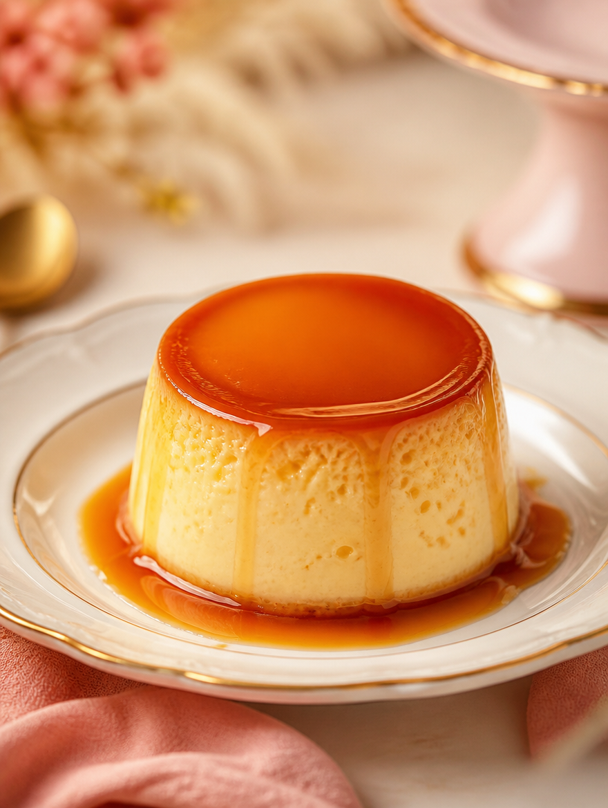 Flan napolitano con caramelo dorado en plato de filo dorado, listo para servir
